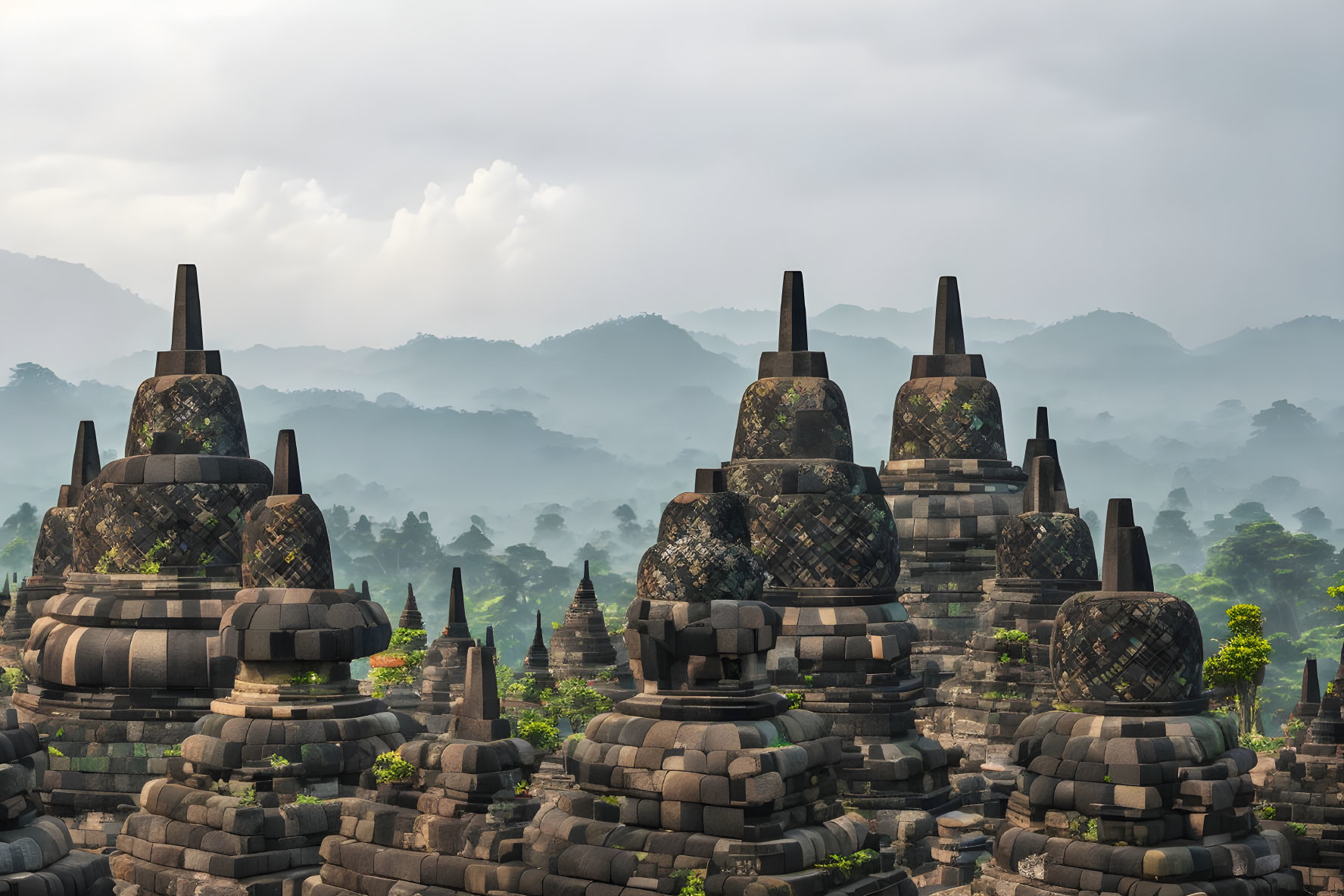 Buddhist temple stupas in misty mountain forest