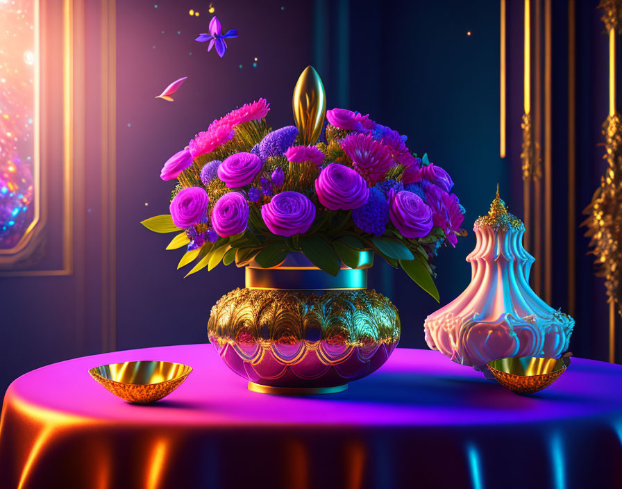 Colorful pink and purple flowers in golden vase on purple tablecloth with oil lamp and bowl