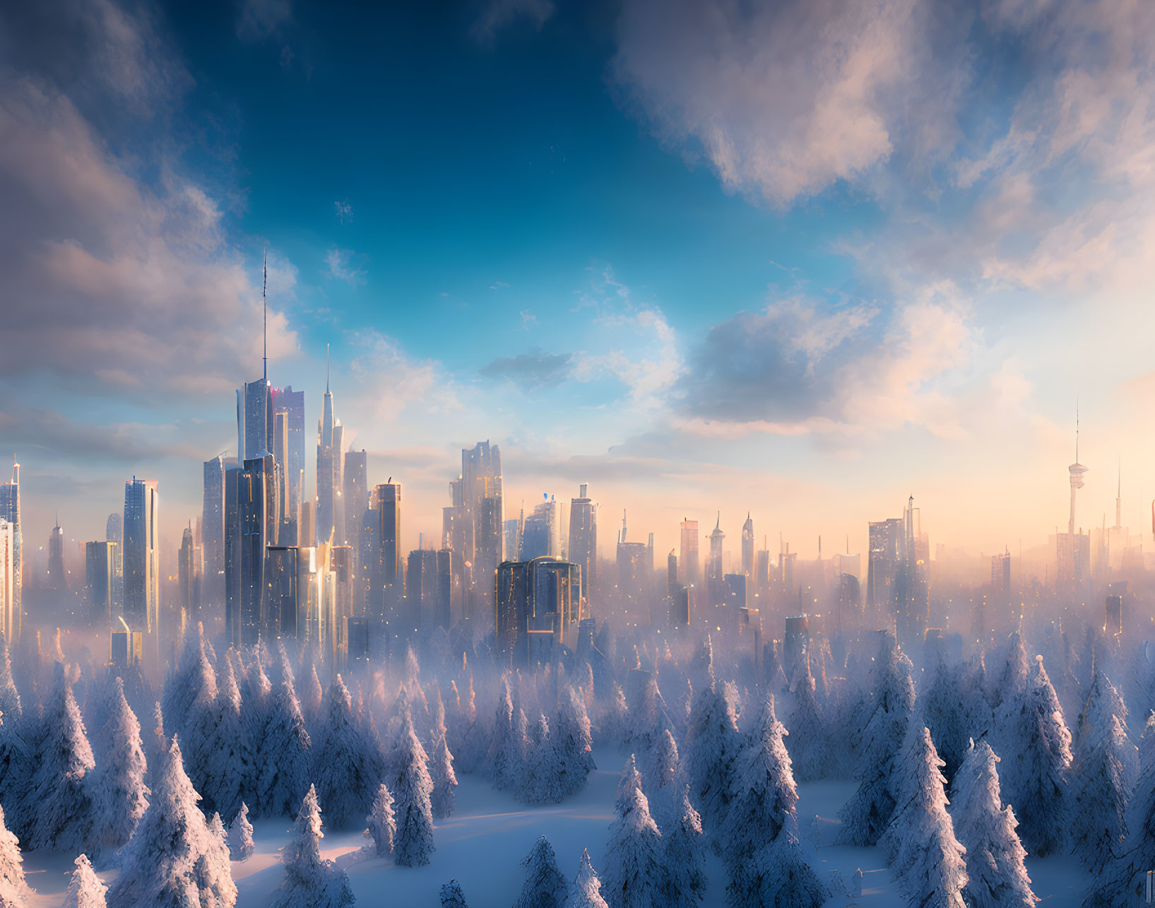 Snow-covered trees and skyscrapers in winter cityscape at sunset