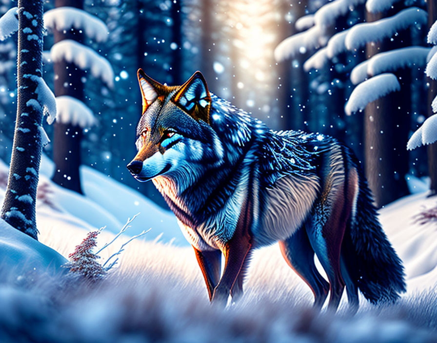 Vivid Blue Toned Wolf in Snowy Forest Night