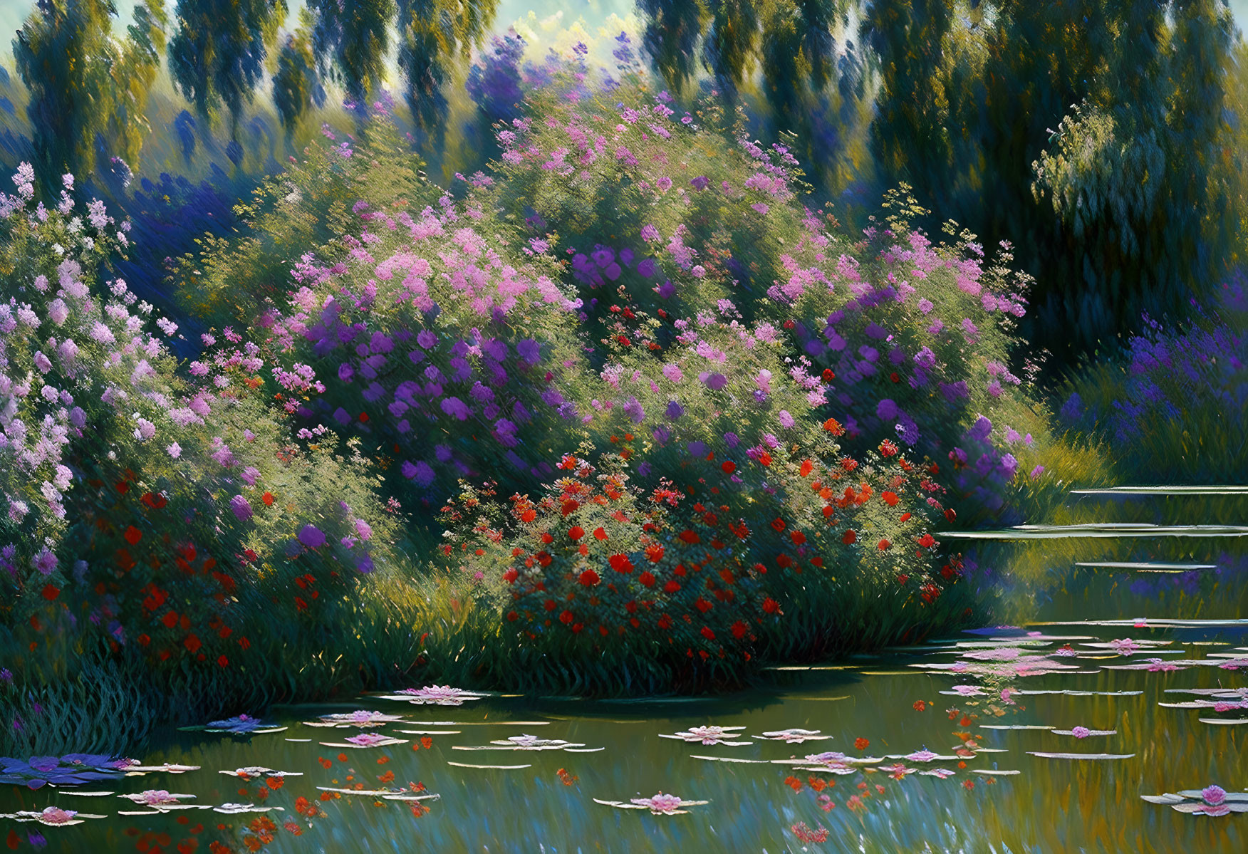 Lush Garden Scene with Blooming Flowers and Serene Pond