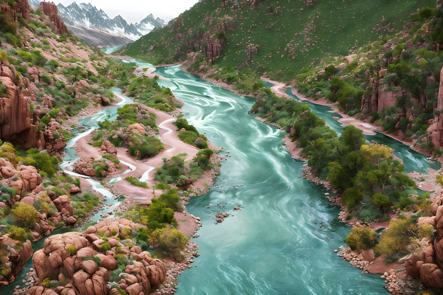 Turquoise River in Verdant Valley with Red-Rock Formations