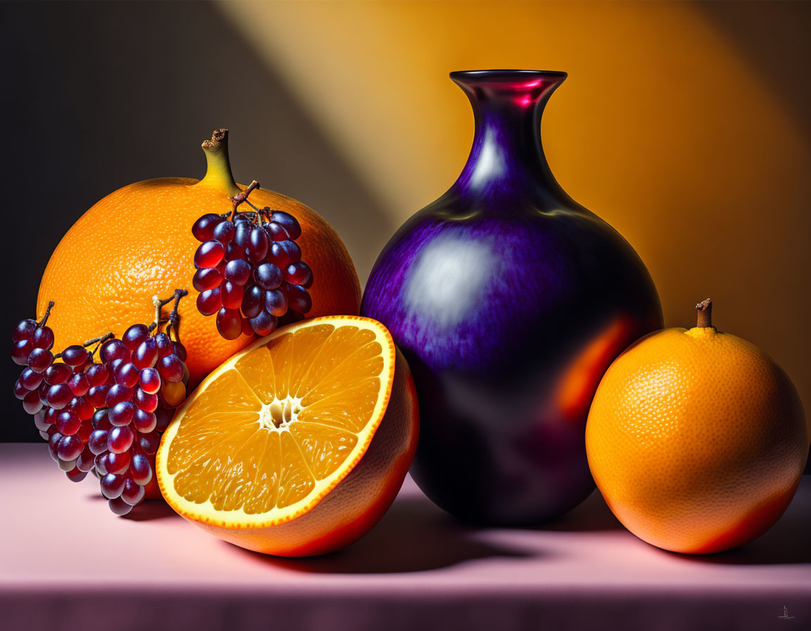 Colorful Still Life Composition with Oranges, Grapes, and Vase