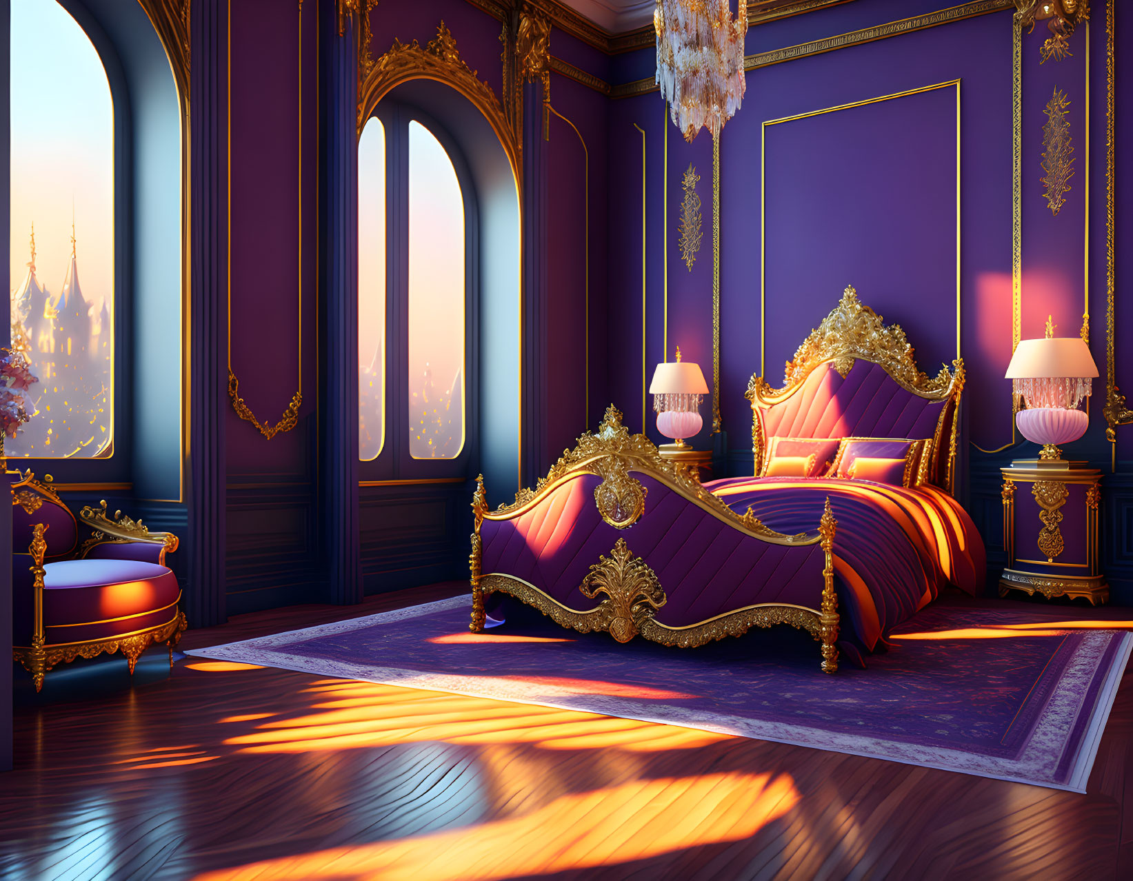 Luxurious Purple-Gold Bed in Opulent Bedroom with Castle View