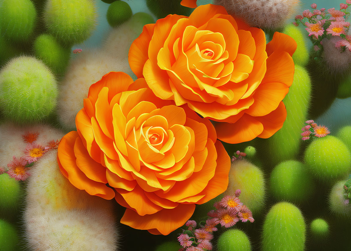 Orange Roses and Green Cacti with Pink Flowers in Full Bloom