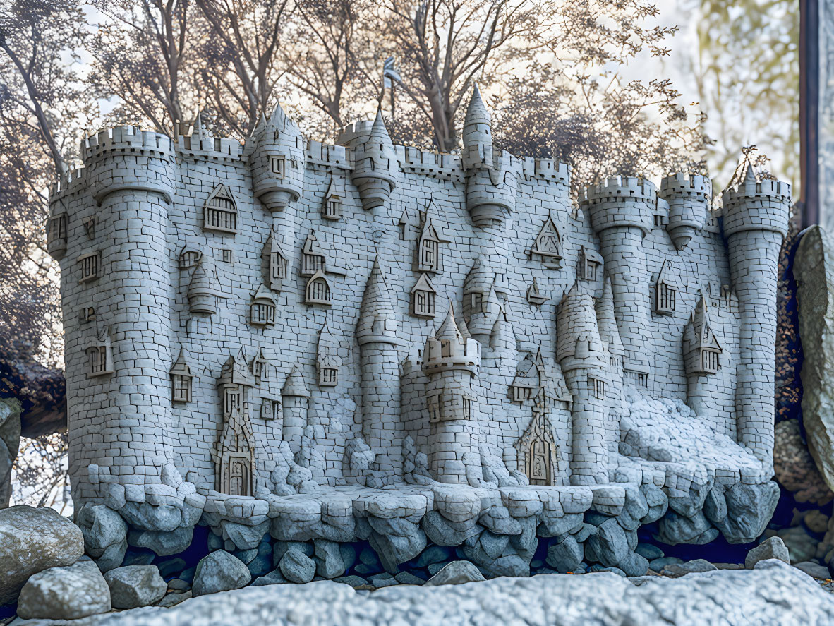 Miniature Castle with Towers and Textured Walls Among Pebbles in Soft Daylight