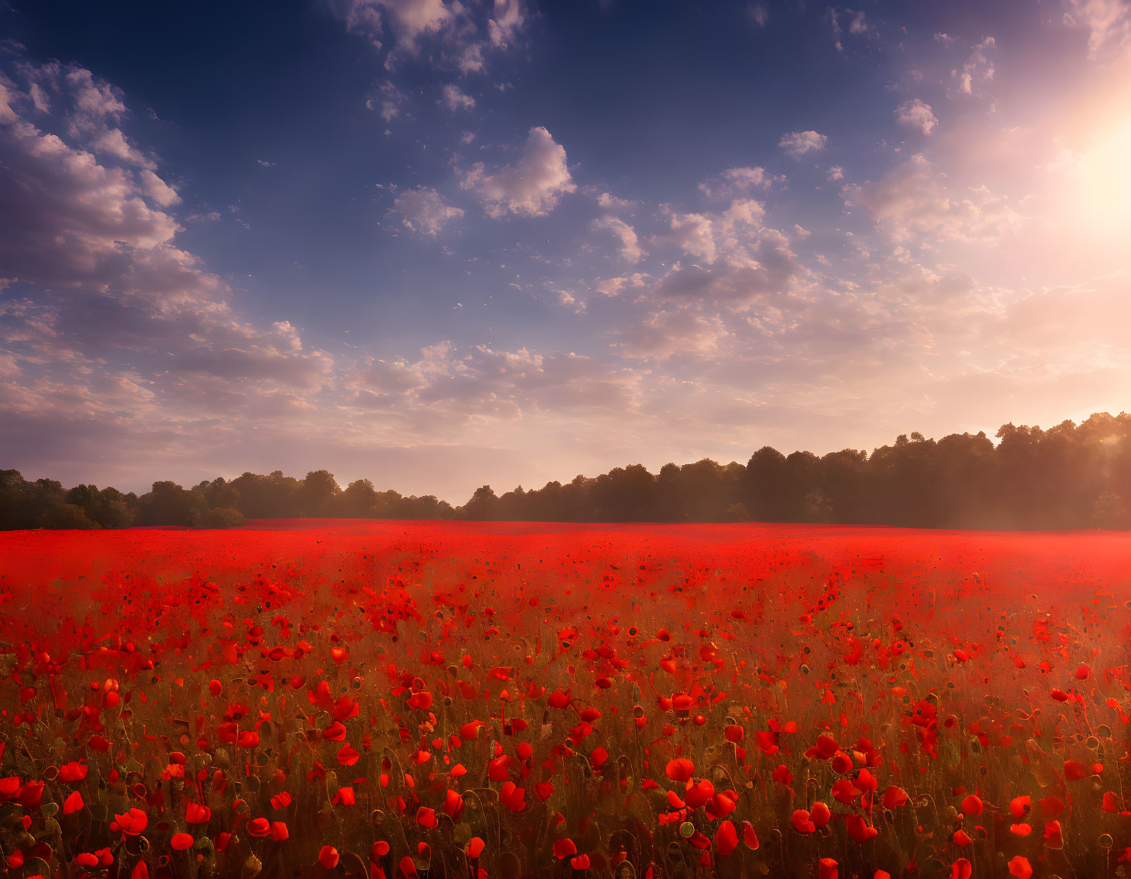 Vivid red poppy field under dramatic sky with warm sun glow