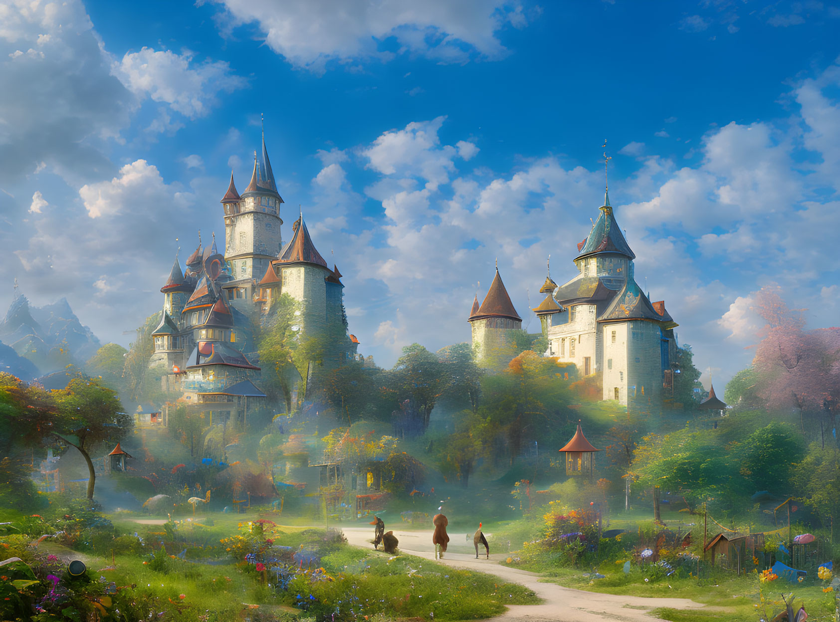 Enchanting castle in lush fantasy landscape with people and colorful flora