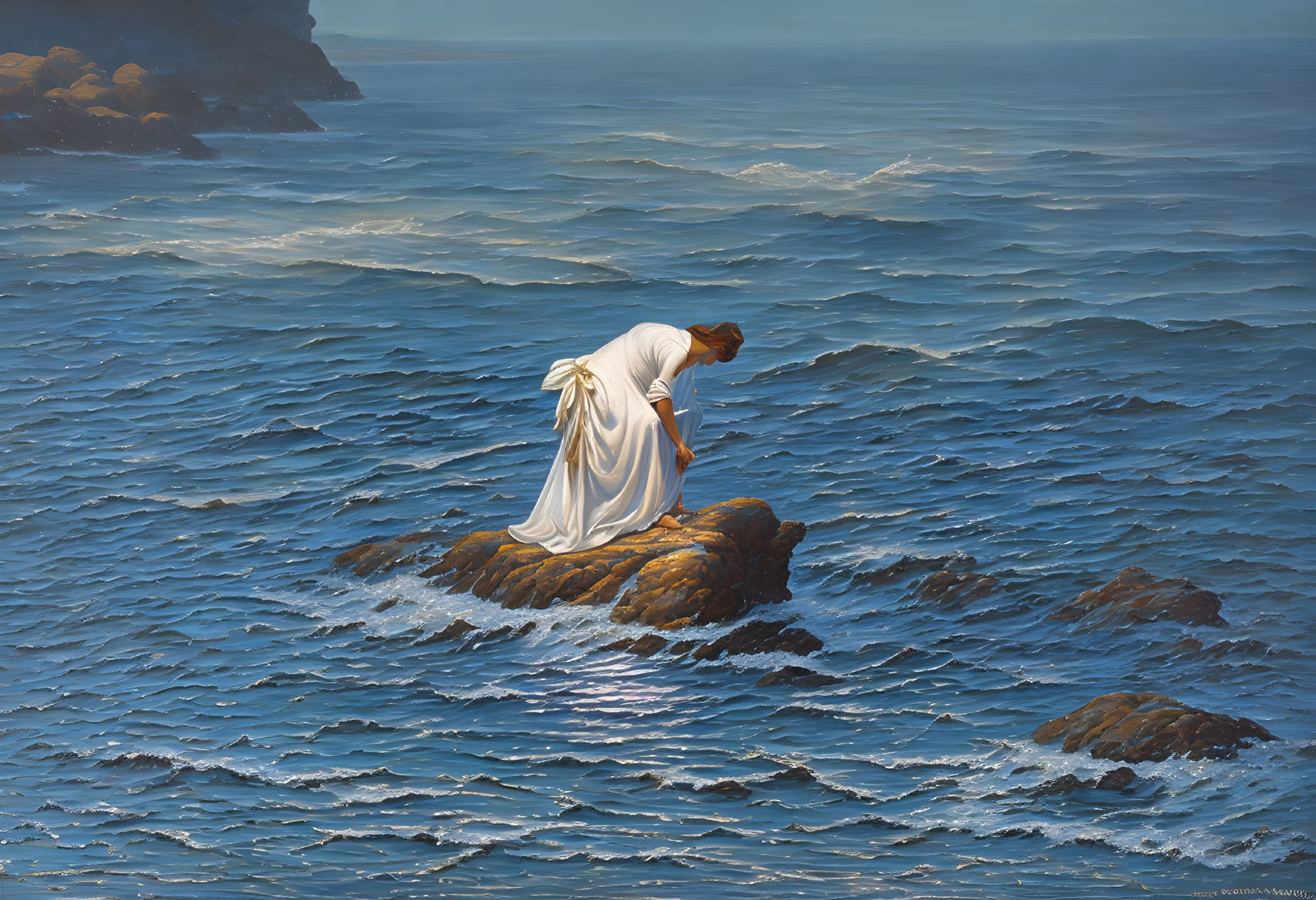 Person in white robe reaching towards calm sea on rocky outcrop