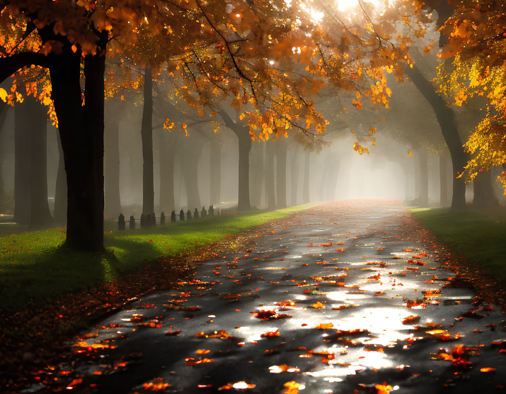 Scenic autumn path with fallen leaves and sunbeams