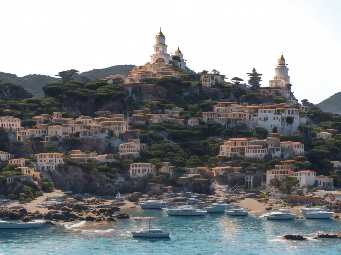 Hillside town with terracotta-roofed buildings and towers by serene coastal bay