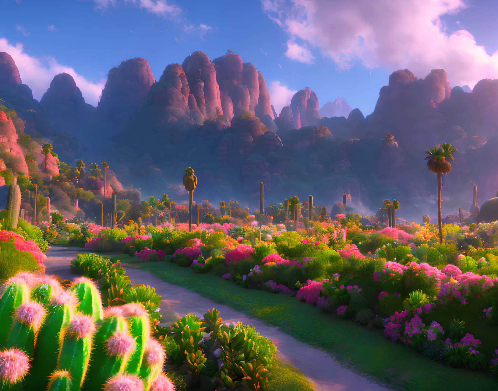 Colorful Fantasy Landscape with Flora, Path, and Rock Formations