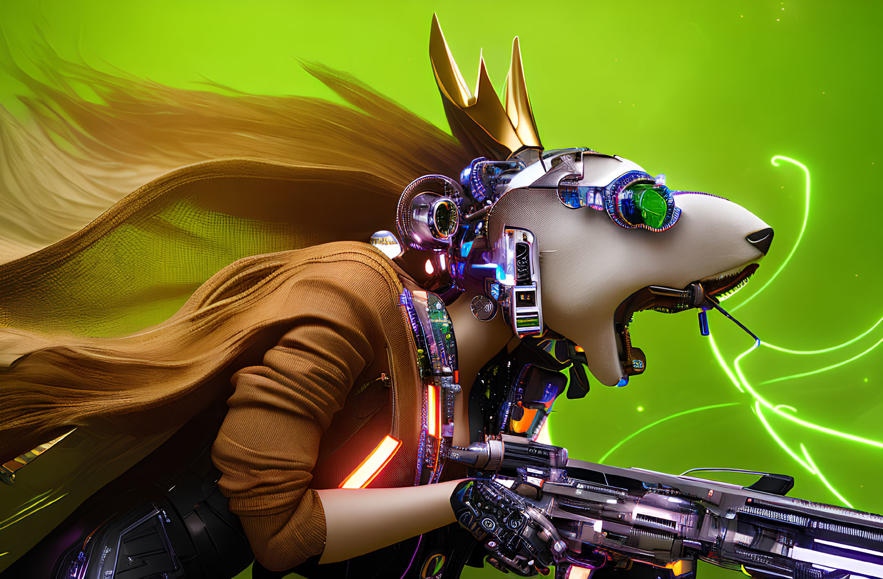 Cybernetic wolf with royal crown and neon green background.