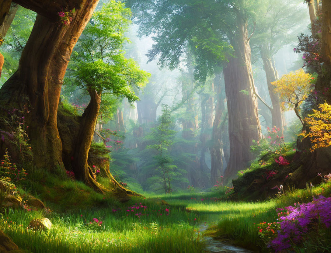 Lush forest with towering trees and wildflowers in sunlight