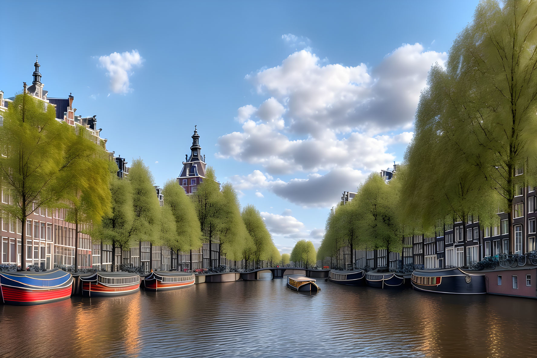 Tranquil City Canal with Dutch Buildings and Boats