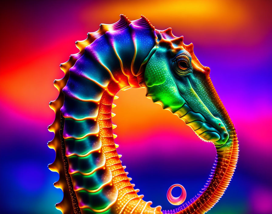 Colorful Seahorse Artwork with Rainbow Background