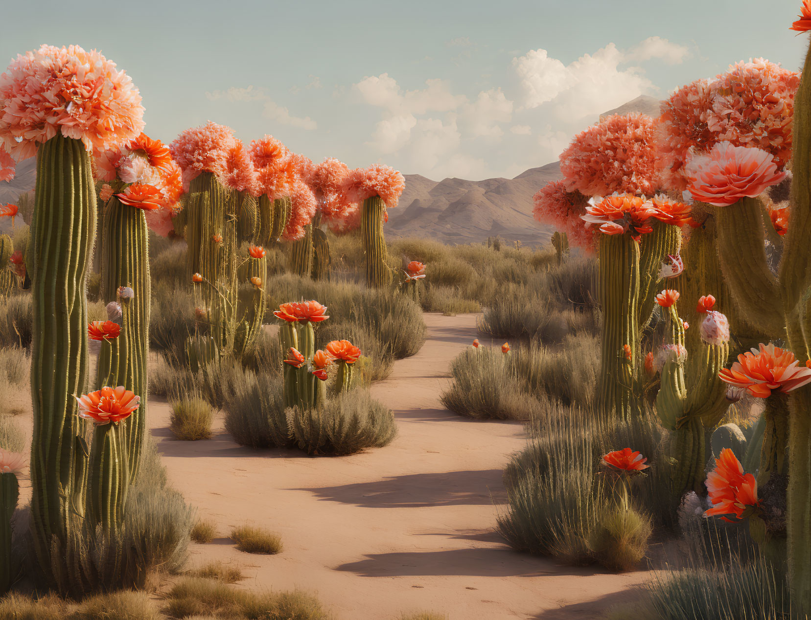 Desert Path with Towering Cacti and Blooms in Orange and Pink