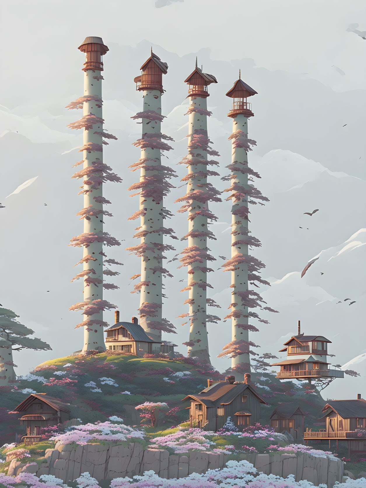 Fantasy landscape with tall tree-like towers and pagoda structures under a soft cloudy sky