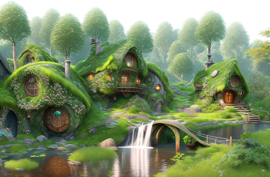 Tranquil woodland with moss-covered hobbit homes, waterfall, stone bridge