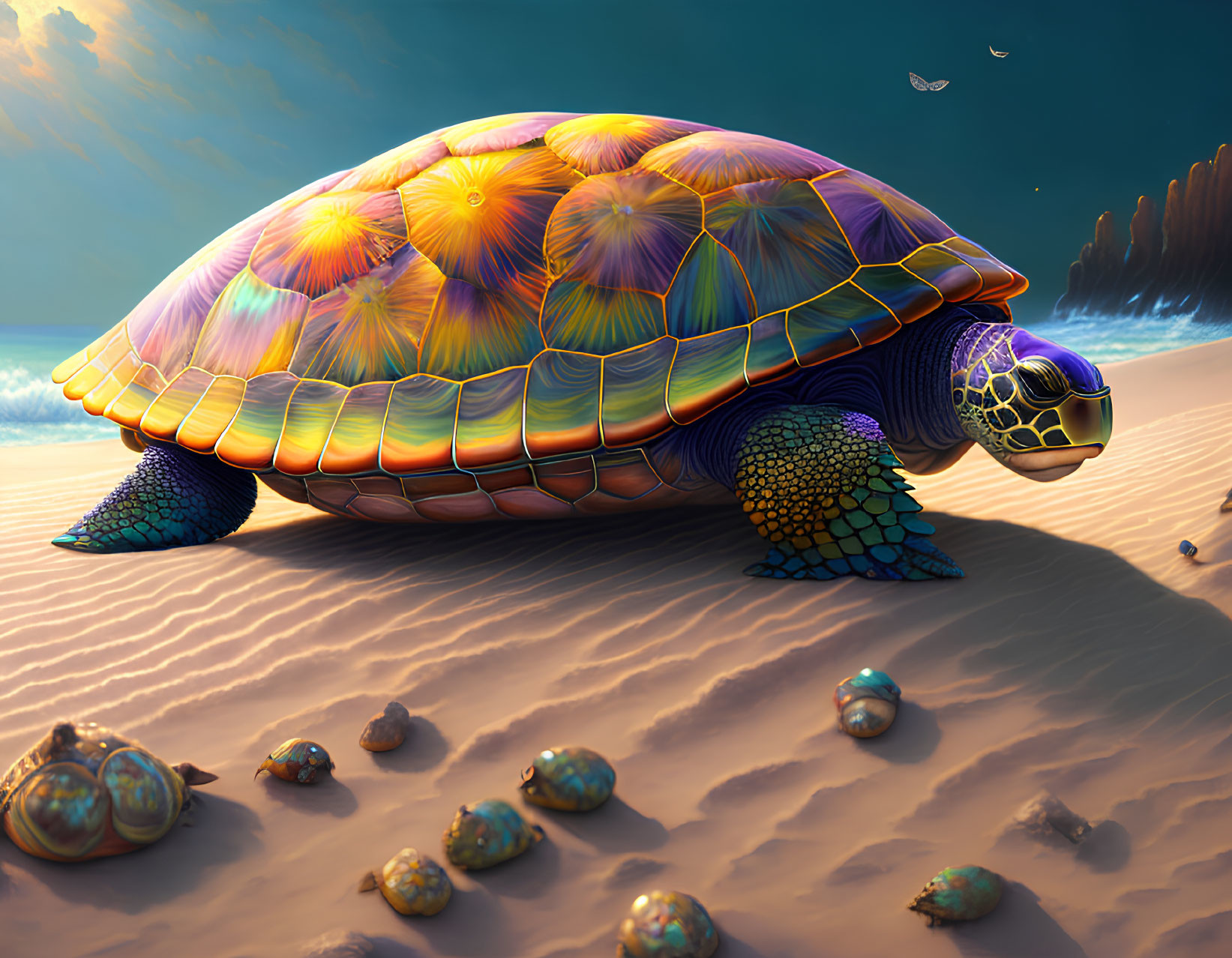 Colorful Large Turtle Walking on Sandy Beach with Smaller Turtles and Twilight Sky