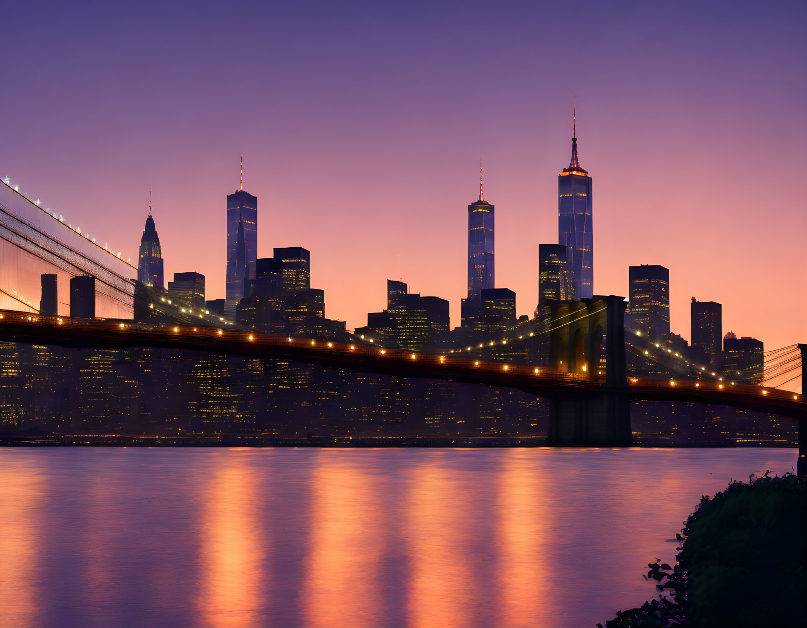 City skyline at dusk with illuminated skyscrapers, bridge, and water reflections