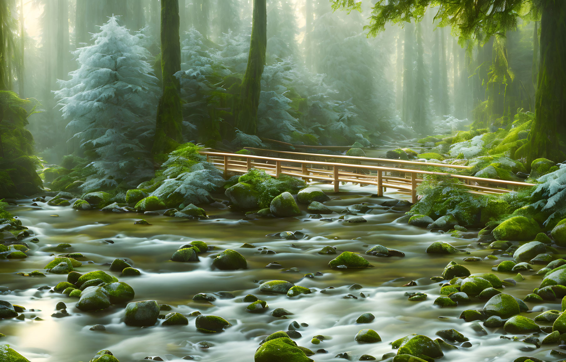 Tranquil forest landscape with wooden bridge over stream