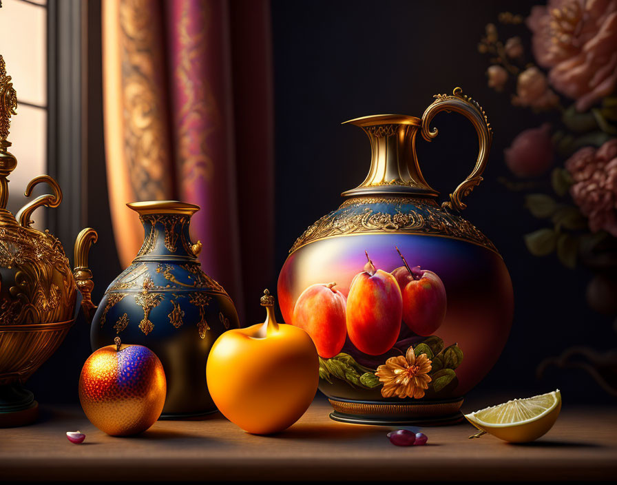 Ornate still-life with pitcher, peach design, vase, exotic fruit, jewelry, curtains,