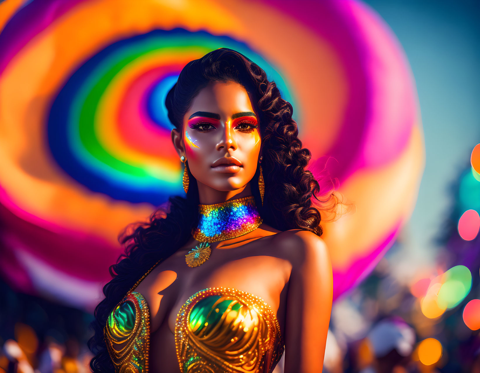 Colorful Makeup Woman Poses in Glamorous Psychedelic Background