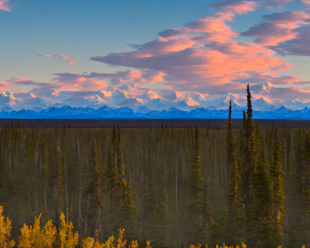 Tranquil sunset scene with green forest, snowy peaks, and orange-tinged sky