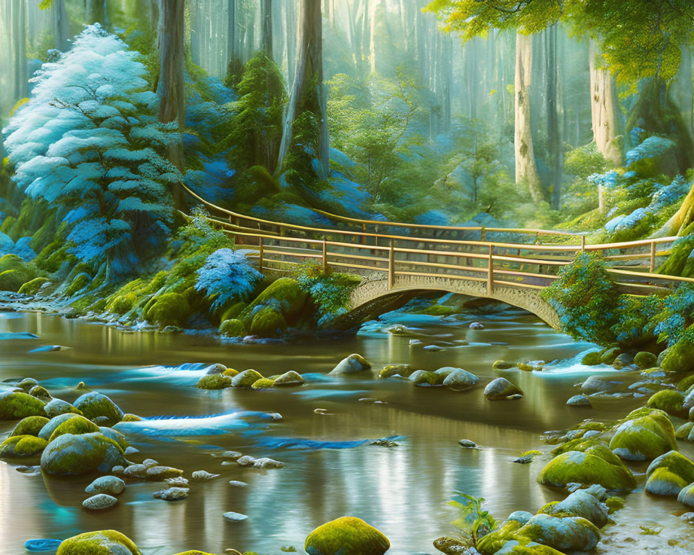 Tranquil forest landscape with frosted trees, calm river, moss-covered rocks, and wooden bridge