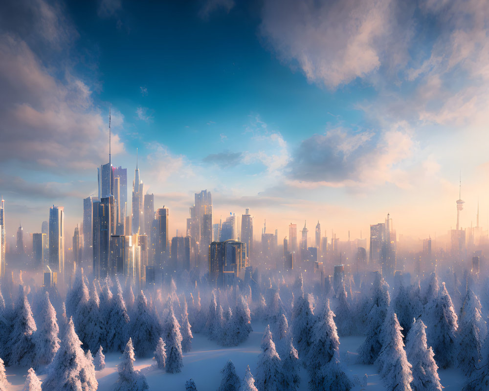 Snow-covered trees and skyscrapers in winter cityscape at sunset