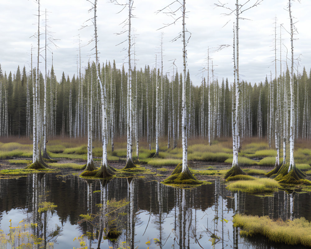 Birch Trees Reflected in Swamp with Evergreen Forest under Overcast Sky