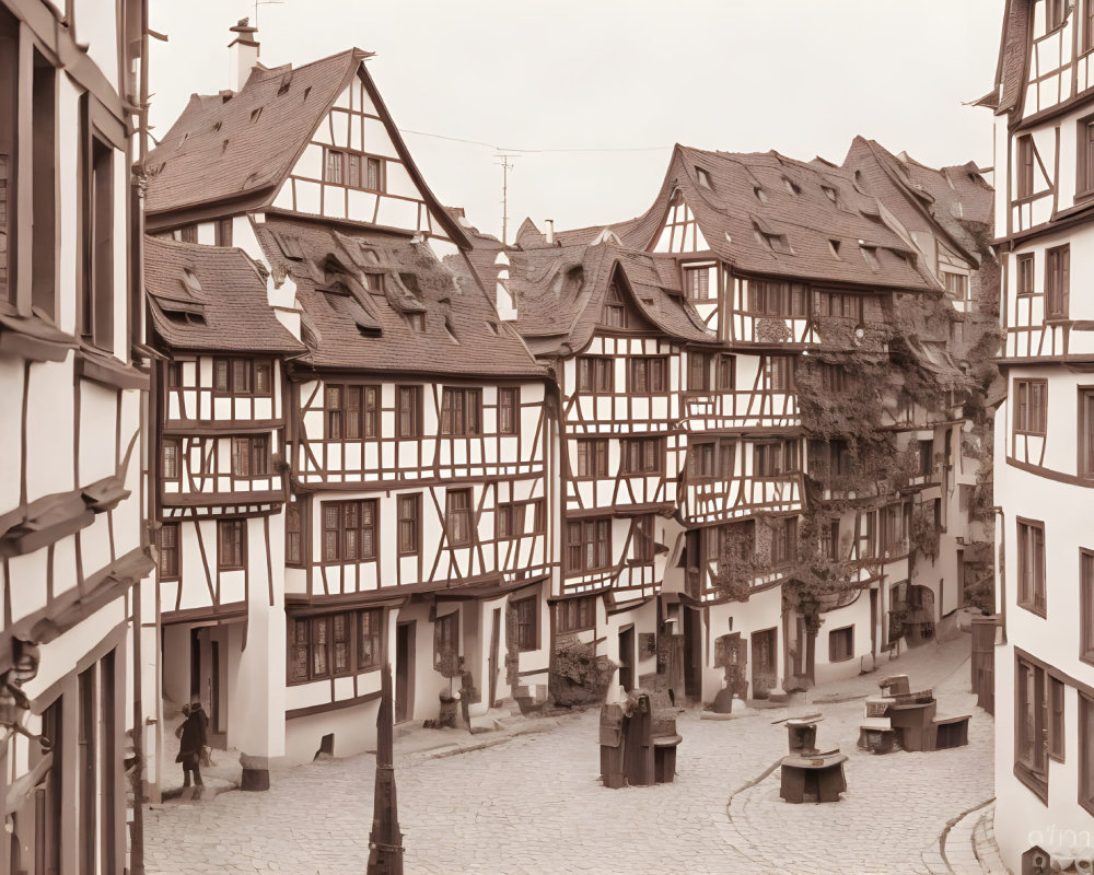 Traditional European alley with half-timbered houses, cobblestone street, and sepia tones