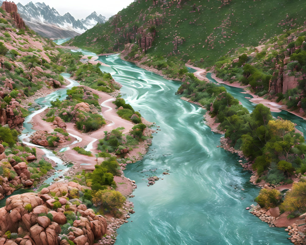 Turquoise River in Verdant Valley with Red-Rock Formations