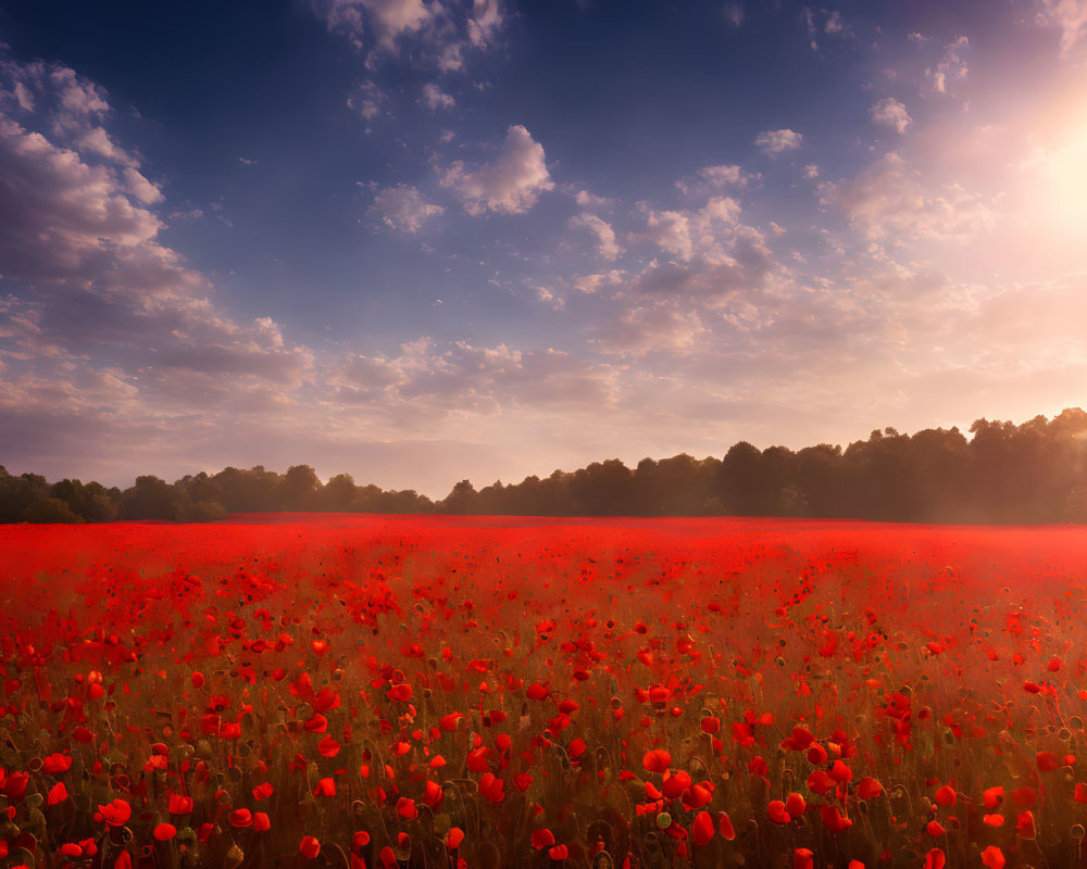 Vivid red poppy field under dramatic sky with warm sun glow