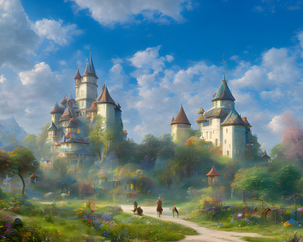 Enchanting castle in lush fantasy landscape with people and colorful flora