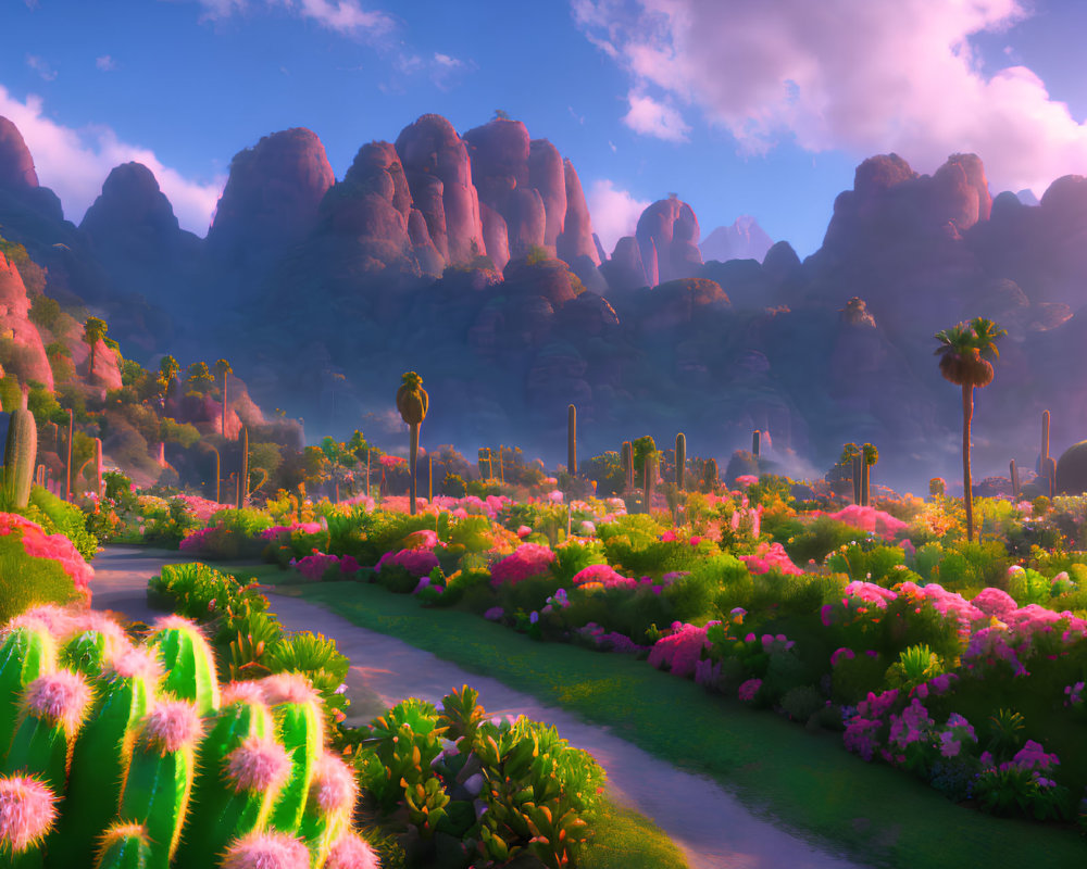 Colorful Fantasy Landscape with Flora, Path, and Rock Formations