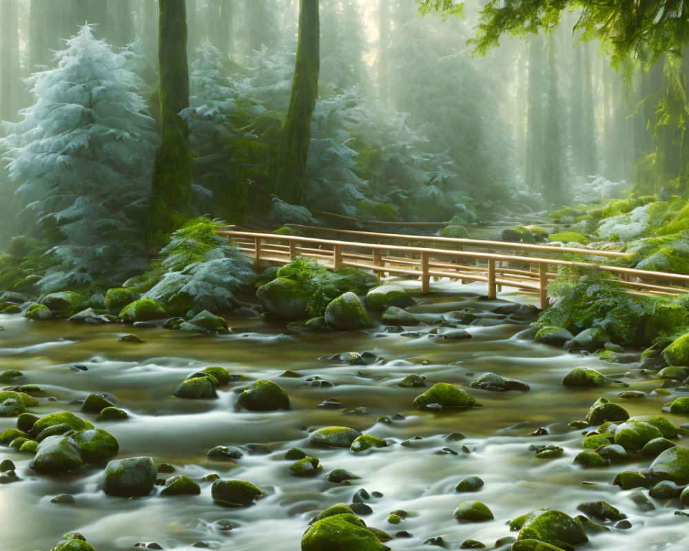 Tranquil forest landscape with wooden bridge over stream