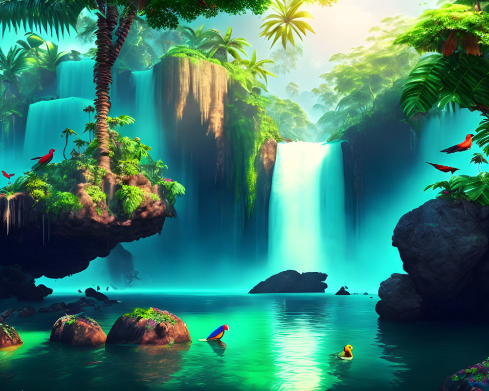 Tropical Waterfall Scene with Exotic Birds and Lush Vegetation