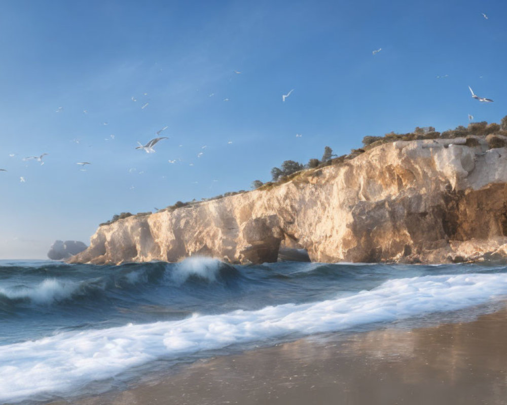 Tranquil beach scene with rolling waves, blue sky, seagulls, and sunlit cliff