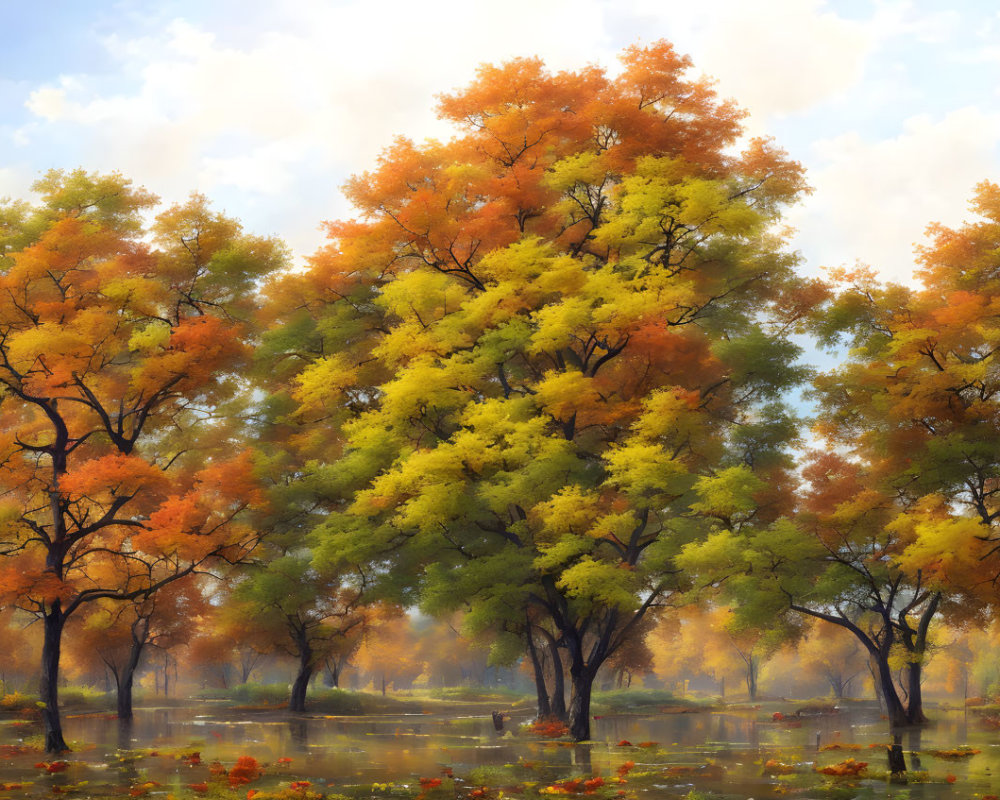 Vibrant autumn forest with orange and yellow foliage, sunlight, and mist
