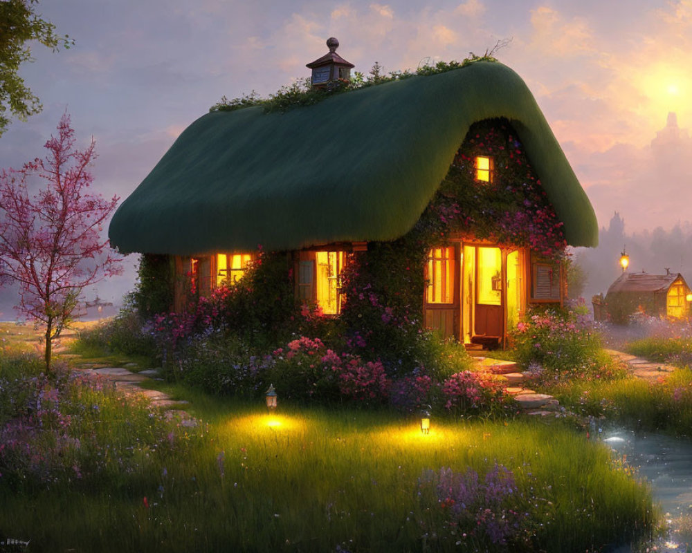 Thatched Roof Cottage with Flowering Vines in Twilight