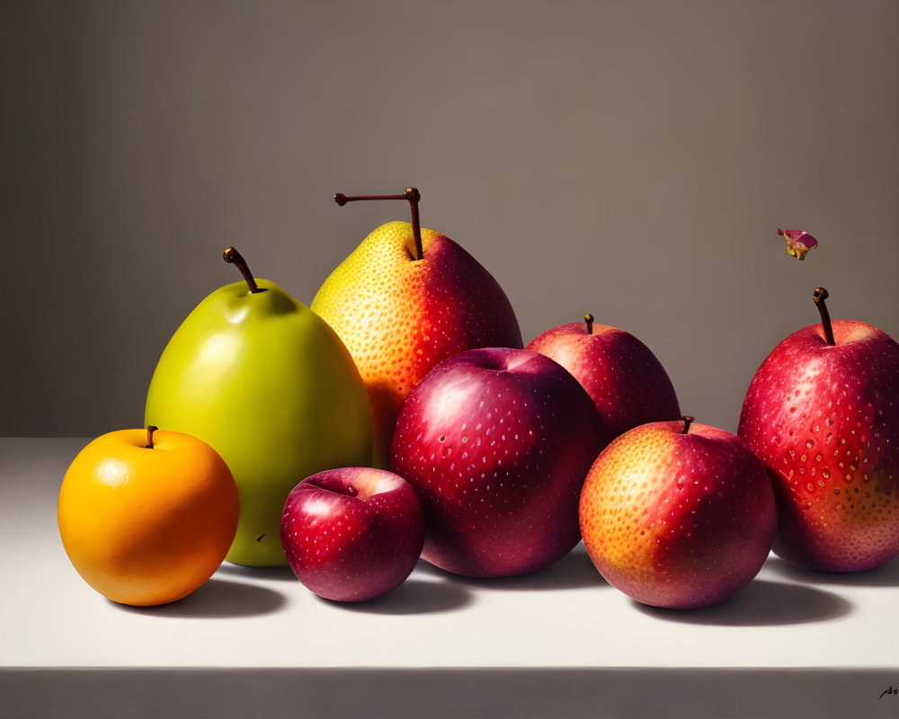 Hyper-realistic fruit still life painting with apples, pear, and orange on muted background