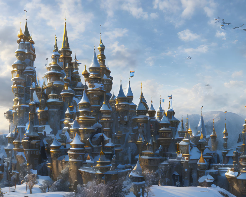 Snow-covered fantasy castle with spires and towers under sunset sky.