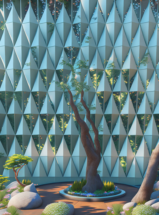 Stylized tree in futuristic dome with geometric walls and sunlight, rocks and greenery.