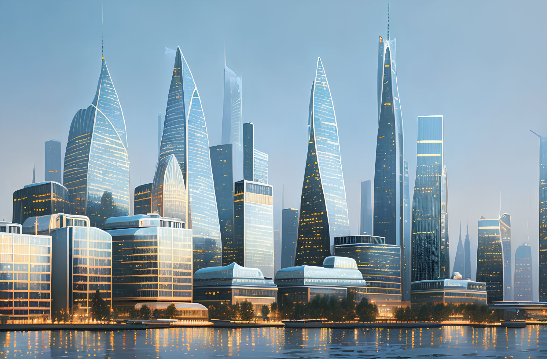 Futuristic skyline with sleek skyscrapers and illuminated windows at twilight