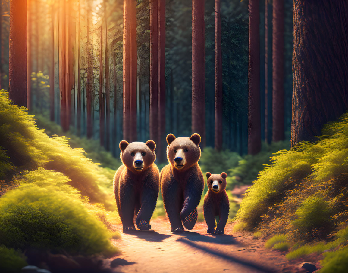 Three bears walking in forest with tall trees and sunlight filtering through canopy.