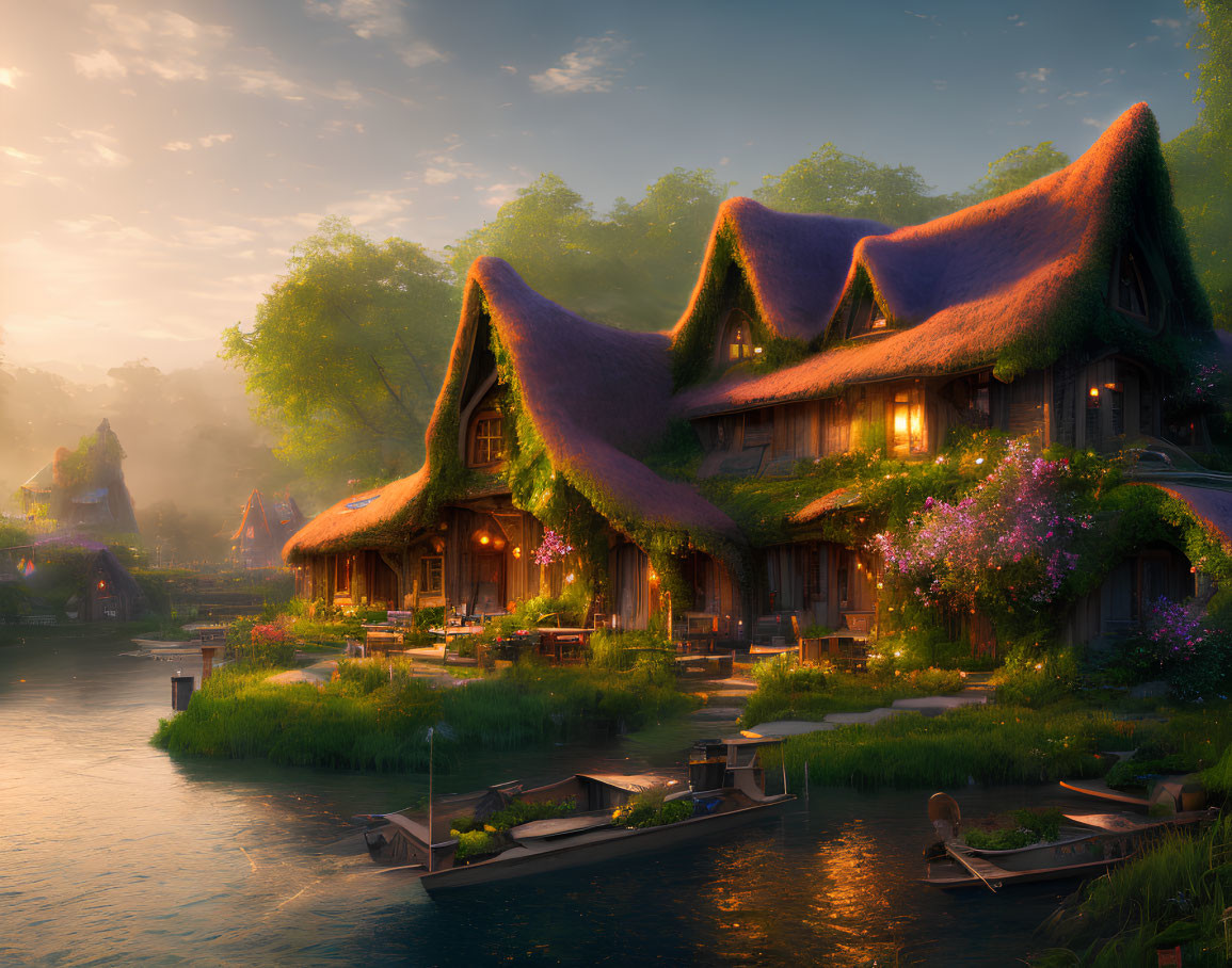 Scenic riverside village at sunset with thatched-roof cottages and vibrant flowers