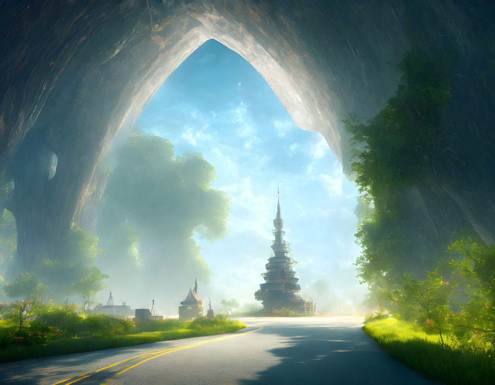 Mystical scene of road through natural archway to towering pagoda