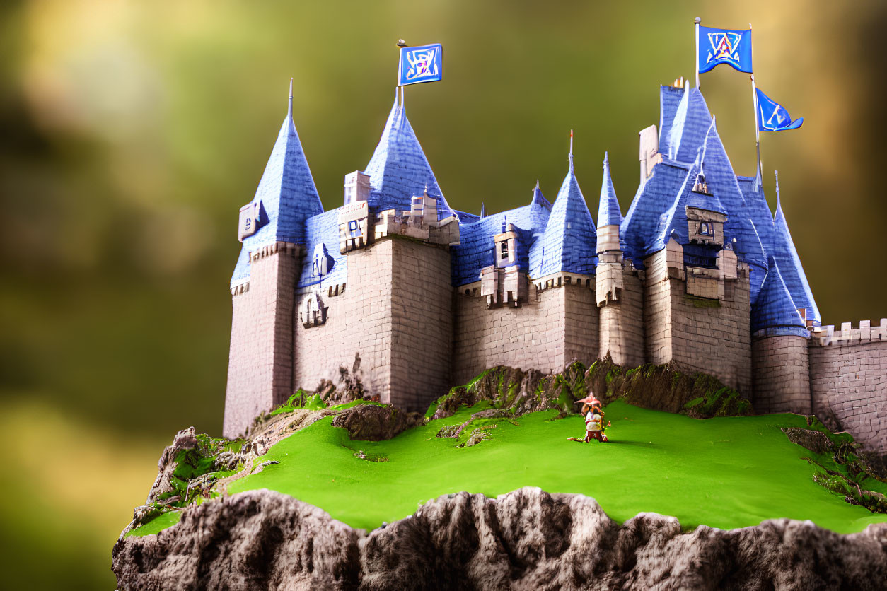 Miniature fantasy castle on rocky outcrop with blue roofs and banners, tiny knight guard.